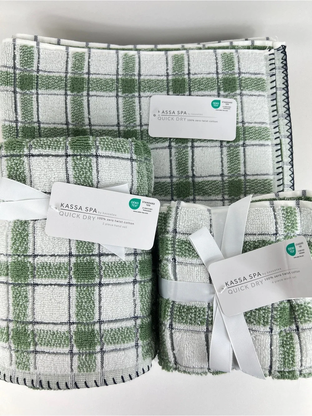 Kassa Spa Kassatex Bath Towel Set Green White Black Stripe Soft Cotton 8 Pc NEW